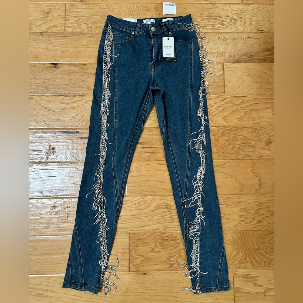 Forever 21 NWT High Rise Denim Rhinestone Fringe Jeans 26 New Years Eve Pant